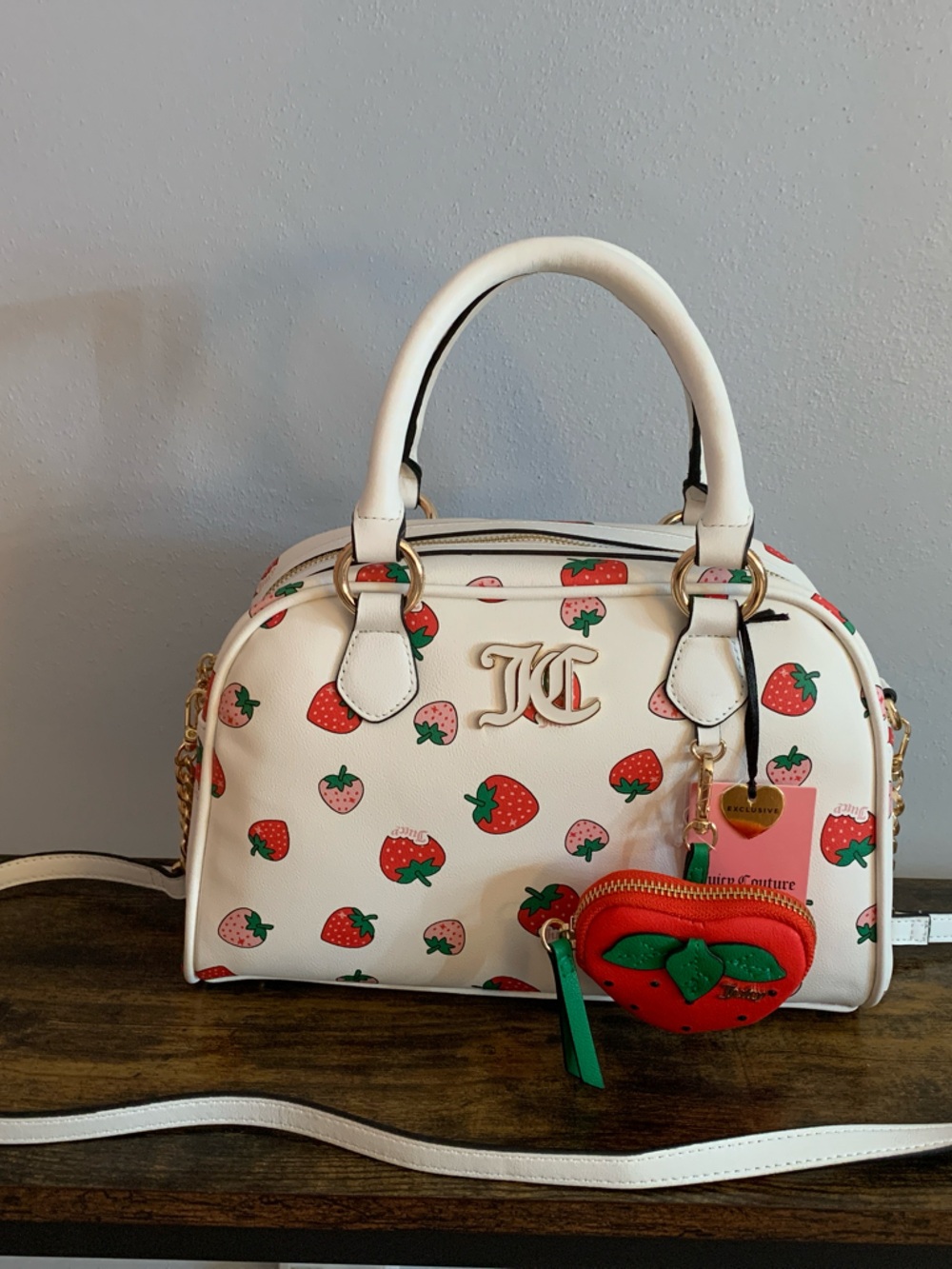 Juicy Couture White Satchel with Red and Pink Strawberry Print